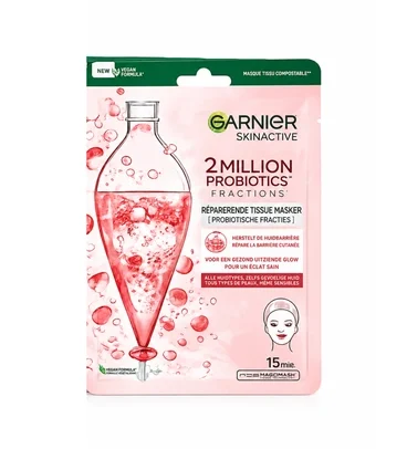 Garnier SkinActive 2 Million Probiotics Sheet Mask Geef je huid een intensieve verzorgingsboost met het Garnier SkinActive 2 Million Probiotics Sheet Mask. Dit hydraterende doekmasker is speciaal ontwikkeld voor de droge, doffe en vermoeid uitziende huid en helpt de huid fris, zacht en stralend aan te laten voelen. Het masker is verrijkt met een verzorgend serum en probiotische ingrediënten die de huid intens hydrateren en verzorgen. Dankzij de comfortabele pasvorm sluit het doekmasker perfect aan op het gezicht voor een ontspannen wellnessmoment thuis.